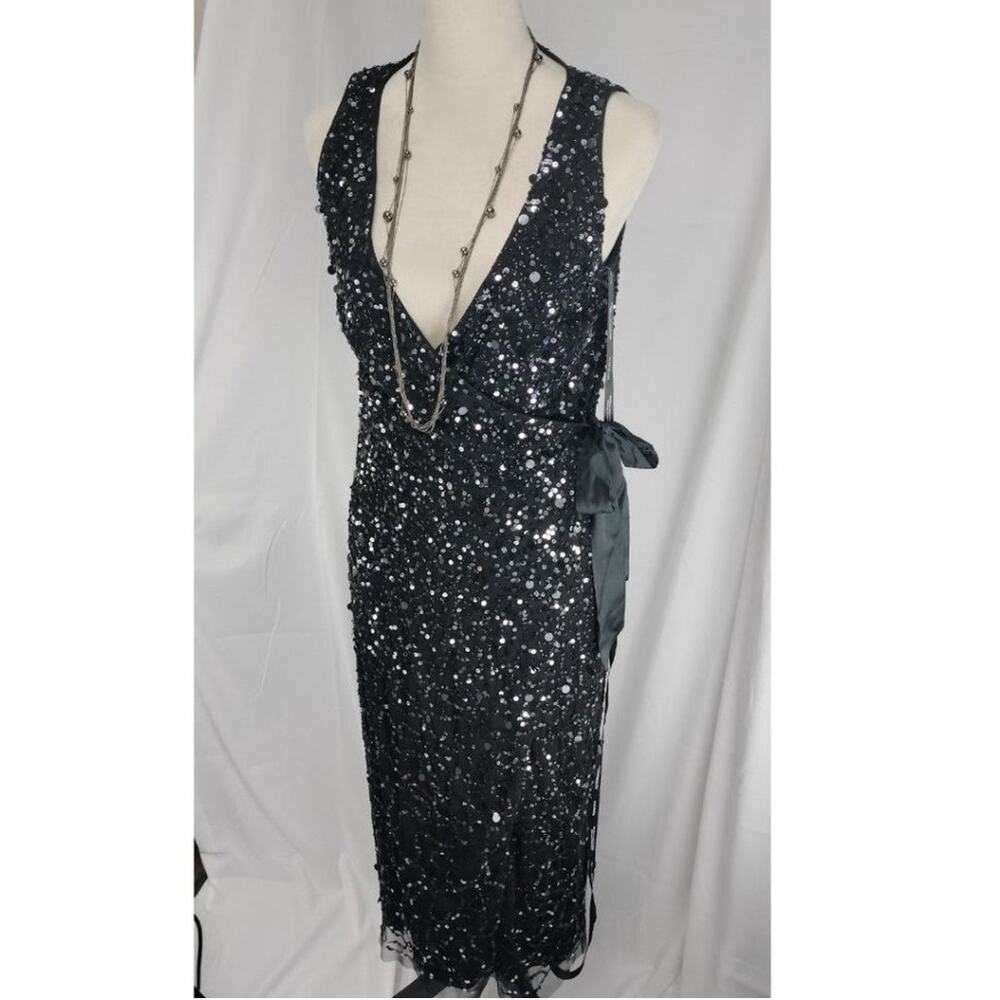 River Island NWT Size 10 Black Sequin Wrap Midi Dress